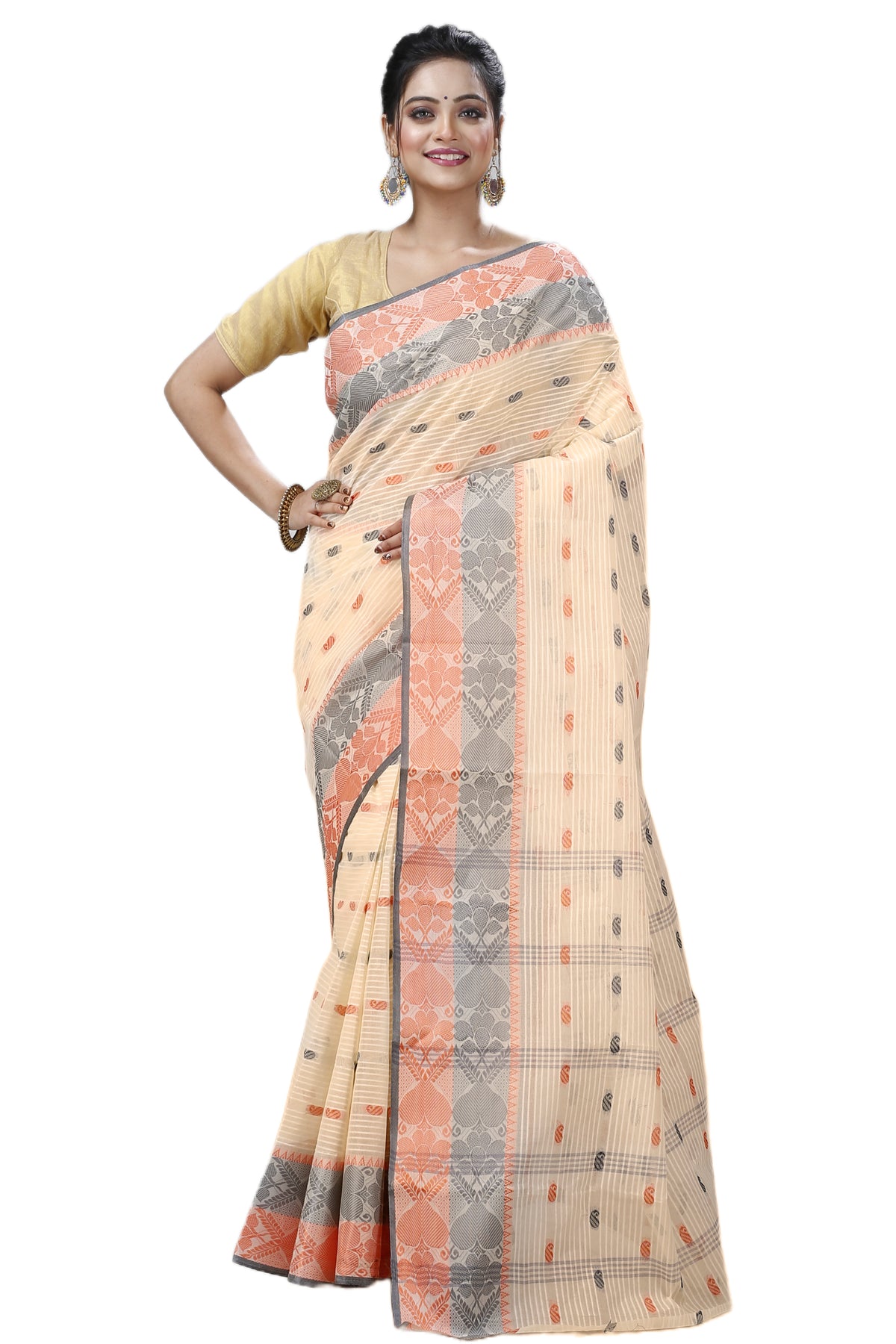 Cotton Tant Saree Geometric and Abstract Leaf Design Woven Saree