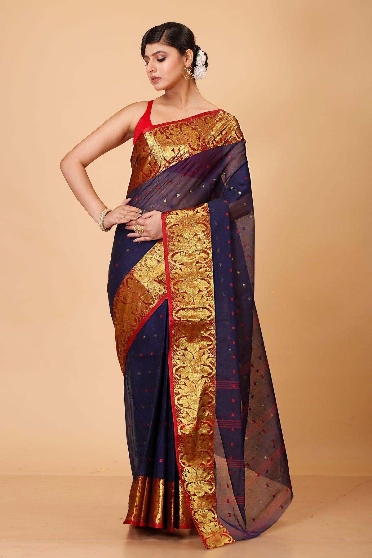 Pure Cotton Tant Saree Ball Buti Design Tant Saree With Self Design Zari Border