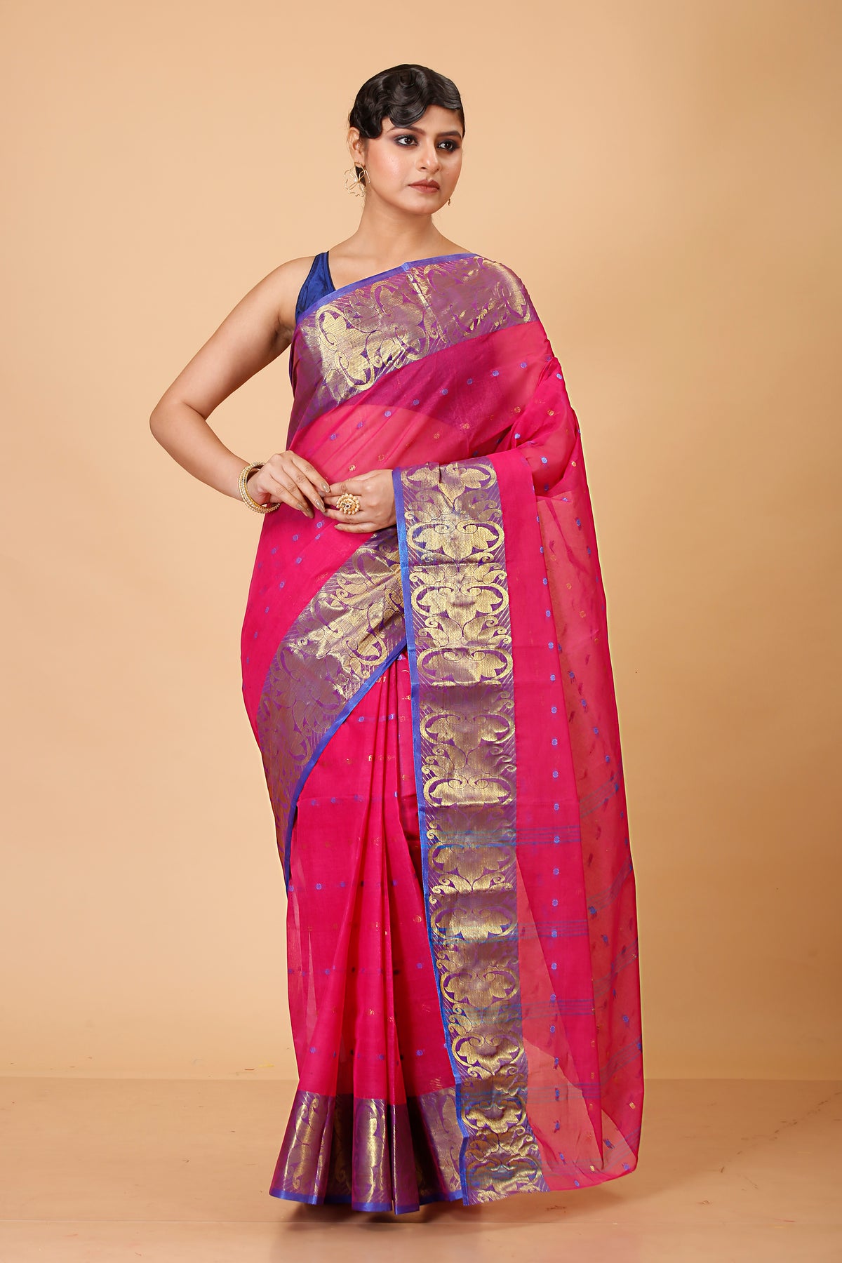 Pure Cotton Tant Saree Ball Buti Design Tant Saree With Self Design Zari Border