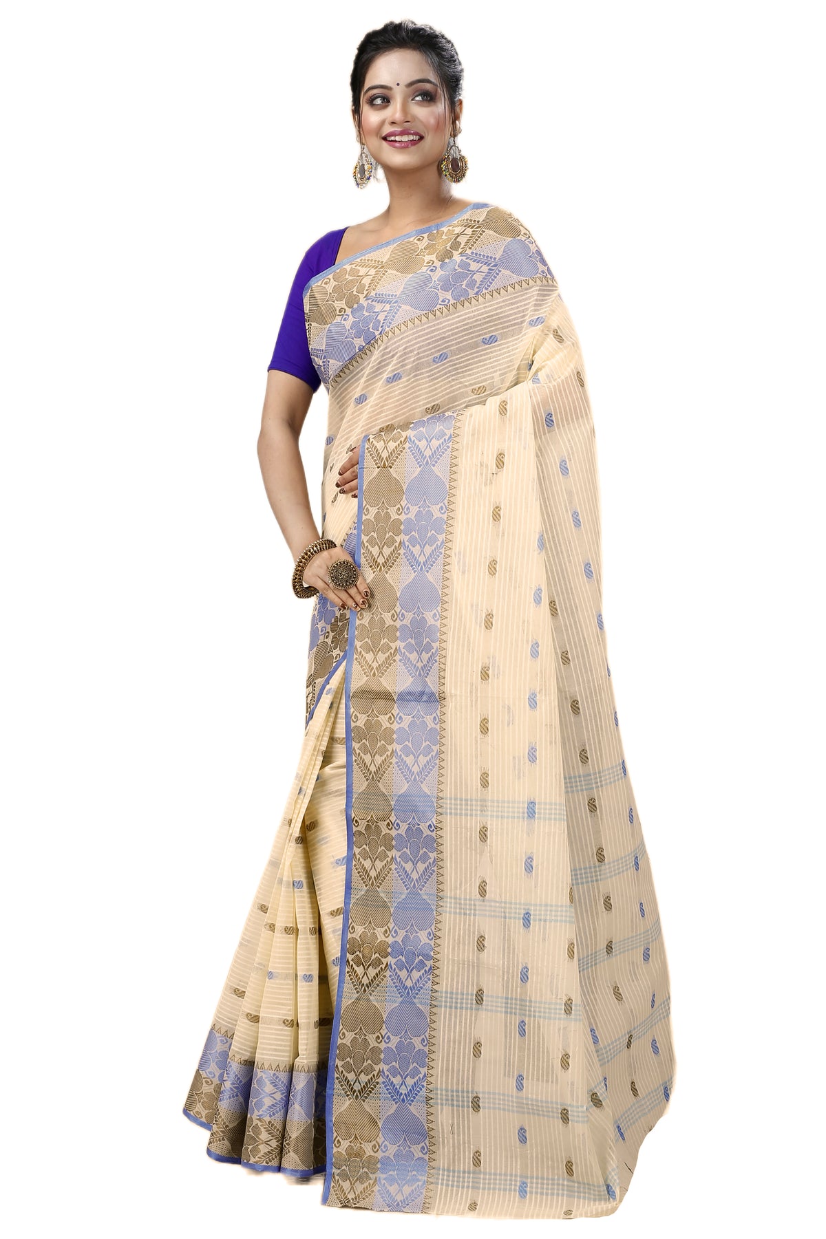 Cotton Tant Saree Geometric and Abstract Leaf Design Woven Saree