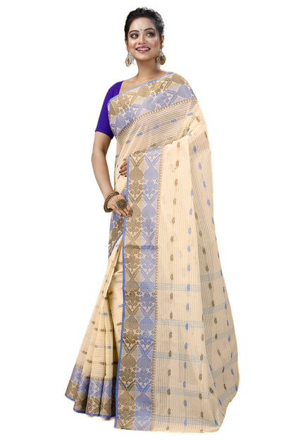 Cotton Tant Saree Geometric and Abstract Leaf Design Woven Saree