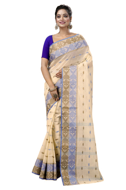Cotton Tant Saree Geometric and Abstract Leaf Design Woven Saree