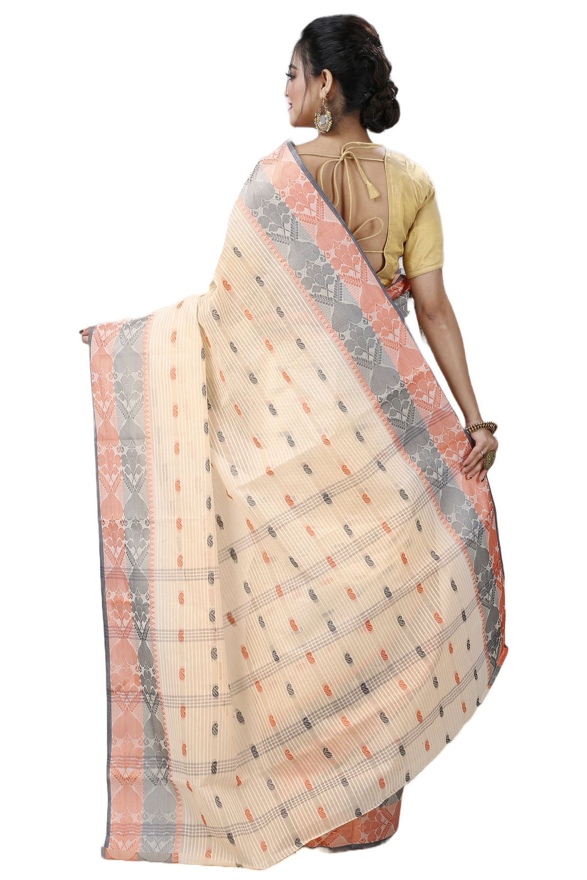 Cotton Tant Saree Geometric and Abstract Leaf Design Woven Saree