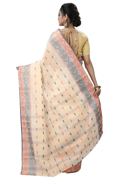 Cotton Tant Saree Geometric and Abstract Leaf Design Woven Saree