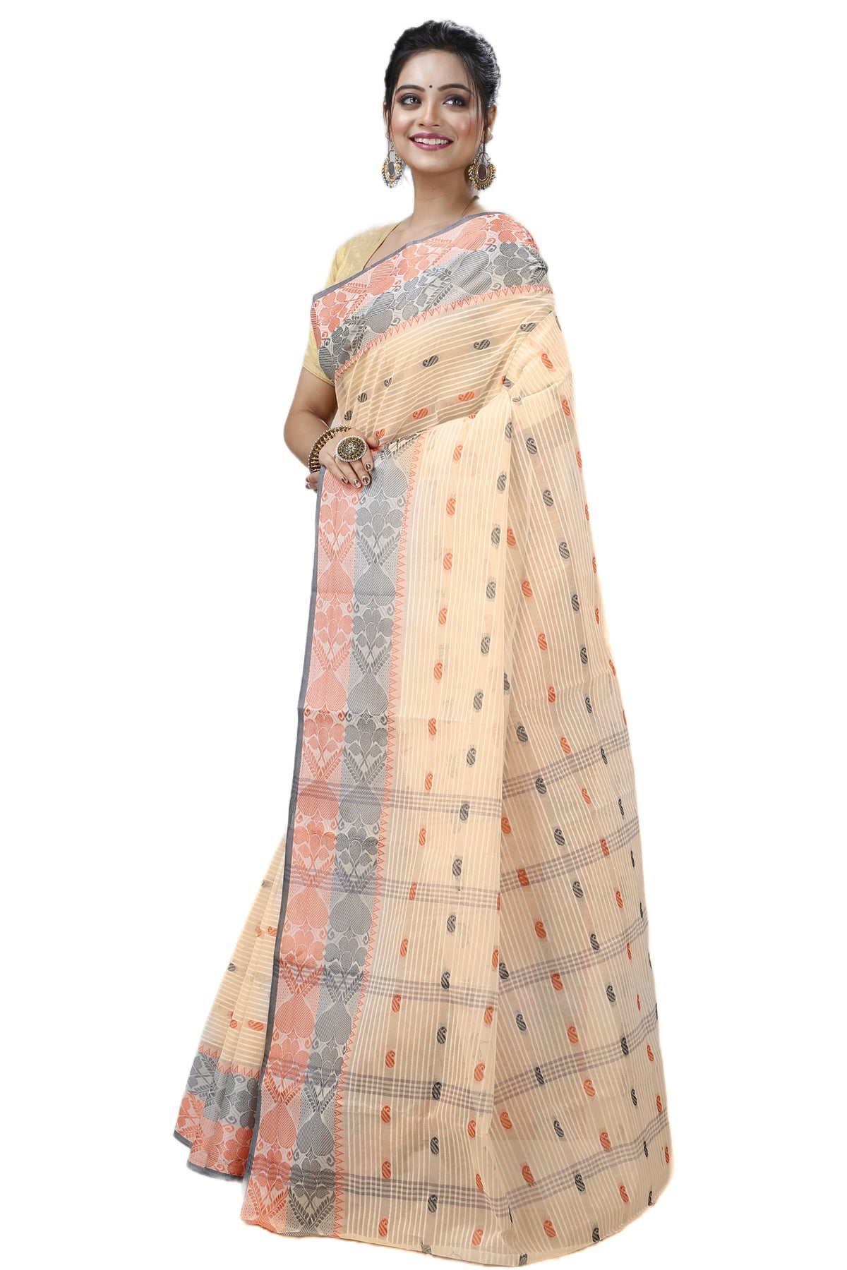 Cotton Tant Saree Geometric and Abstract Leaf Design Woven Saree