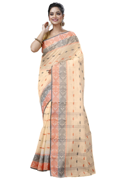 Cotton Tant Saree Geometric and Abstract Leaf Design Woven Saree