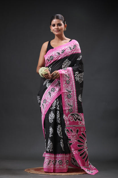 Pure Cotton Mulmul Saree Kolka Batik Design Printed Cotton Mulmul Saree