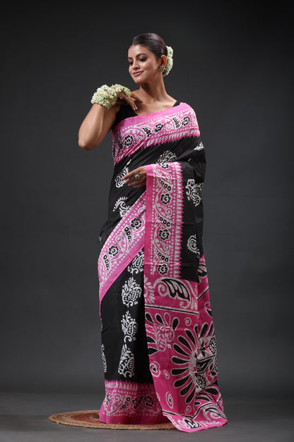 Pure Cotton Mulmul Saree Kolka Batik Design Printed Cotton Mulmul Saree
