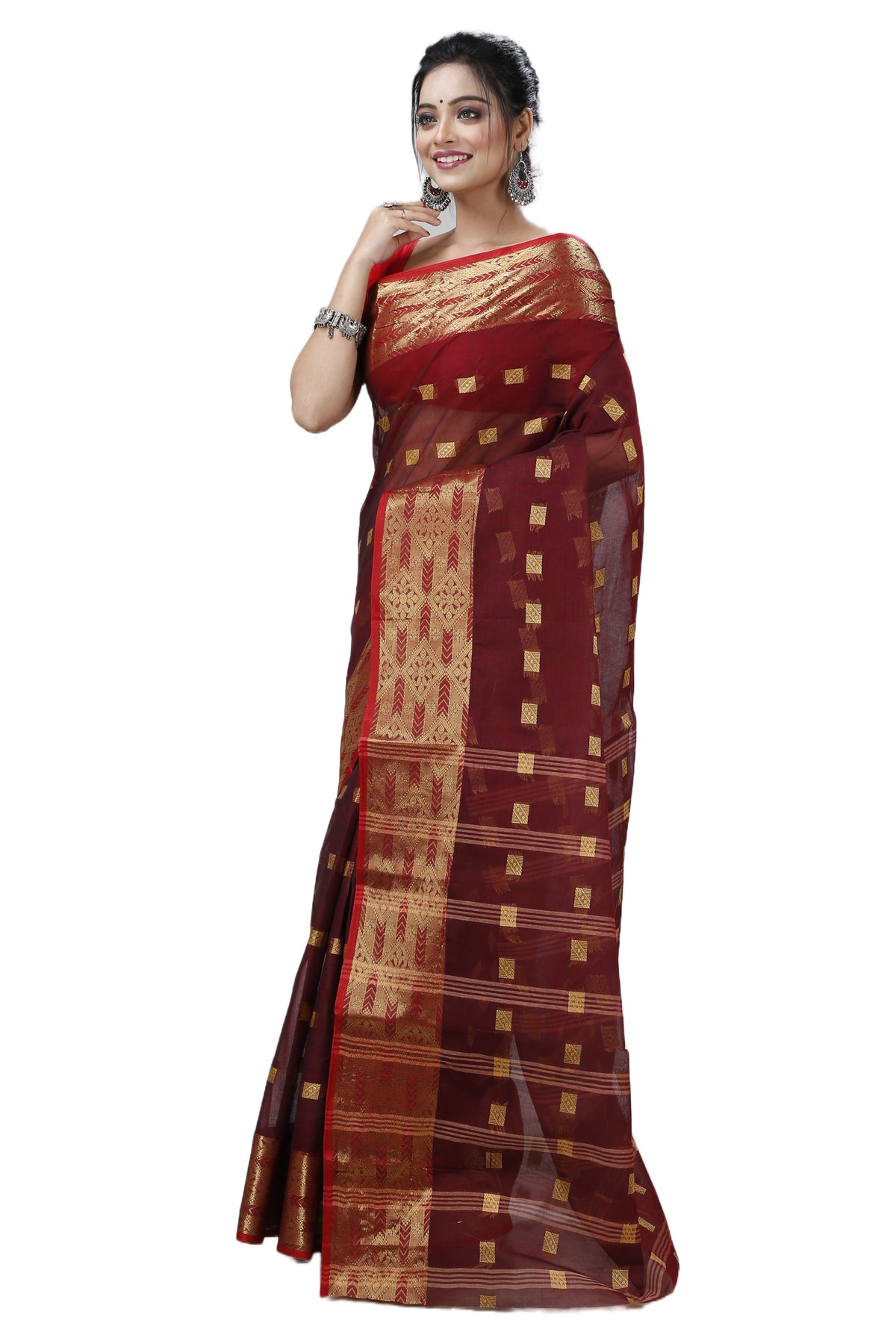 Pure Cotton Tant Saree Square Buti Design Woven Tant Saree