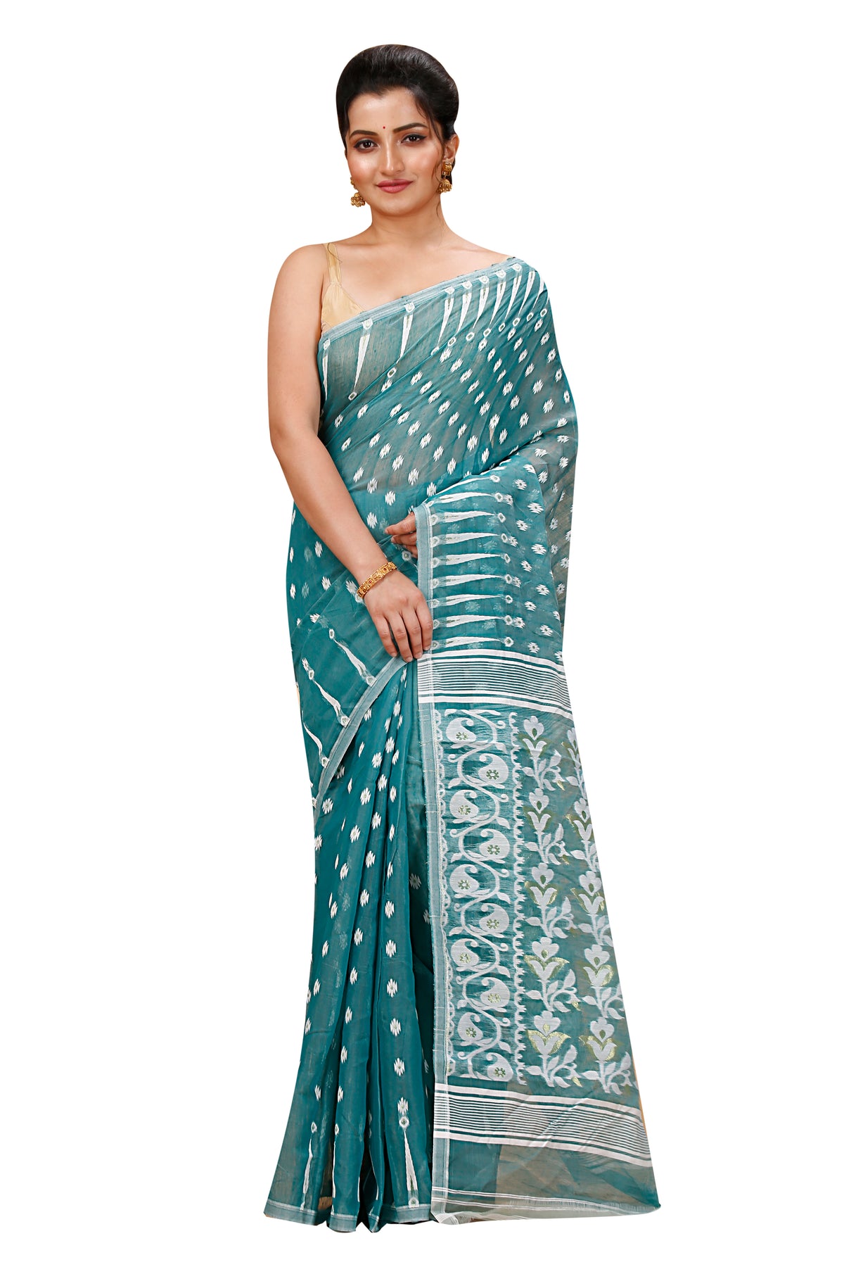 Cotton Jamdani Saree Geometric and Floral Design Woven Saree