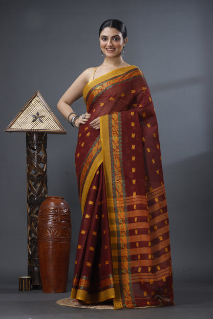 Pure Cotton Tant Saree Leaf Buti Design Woven Tant Saree