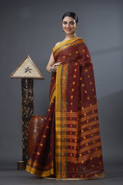 Pure Cotton Tant Saree Leaf Buti Design Woven Tant Saree