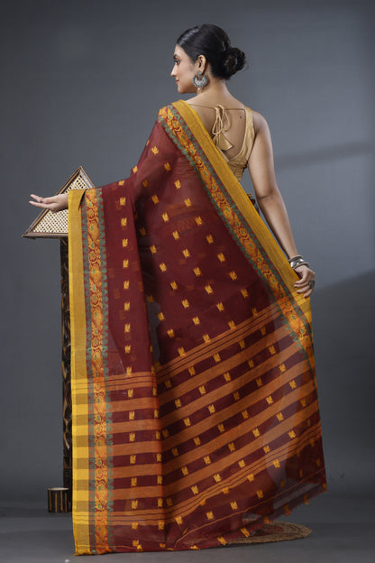 Pure Cotton Tant Saree Leaf Buti Design Woven Tant Saree