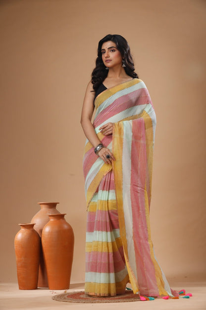 Pure Cotton Mulmul Saree Striped Sequin Design Woven Handloom Saree