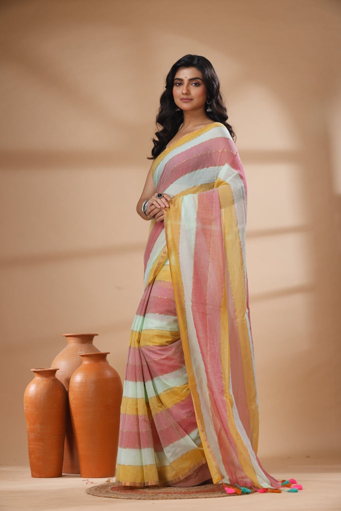 Pure Cotton Mulmul Saree Striped Sequin Design Woven Handloom Saree