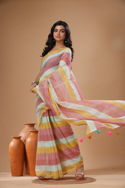 Pure Cotton Mulmul Saree Striped Sequin Design Woven Handloom Saree