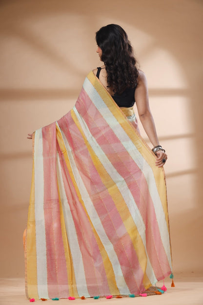 Pure Cotton Mulmul Saree Striped Sequin Design Woven Handloom Saree
