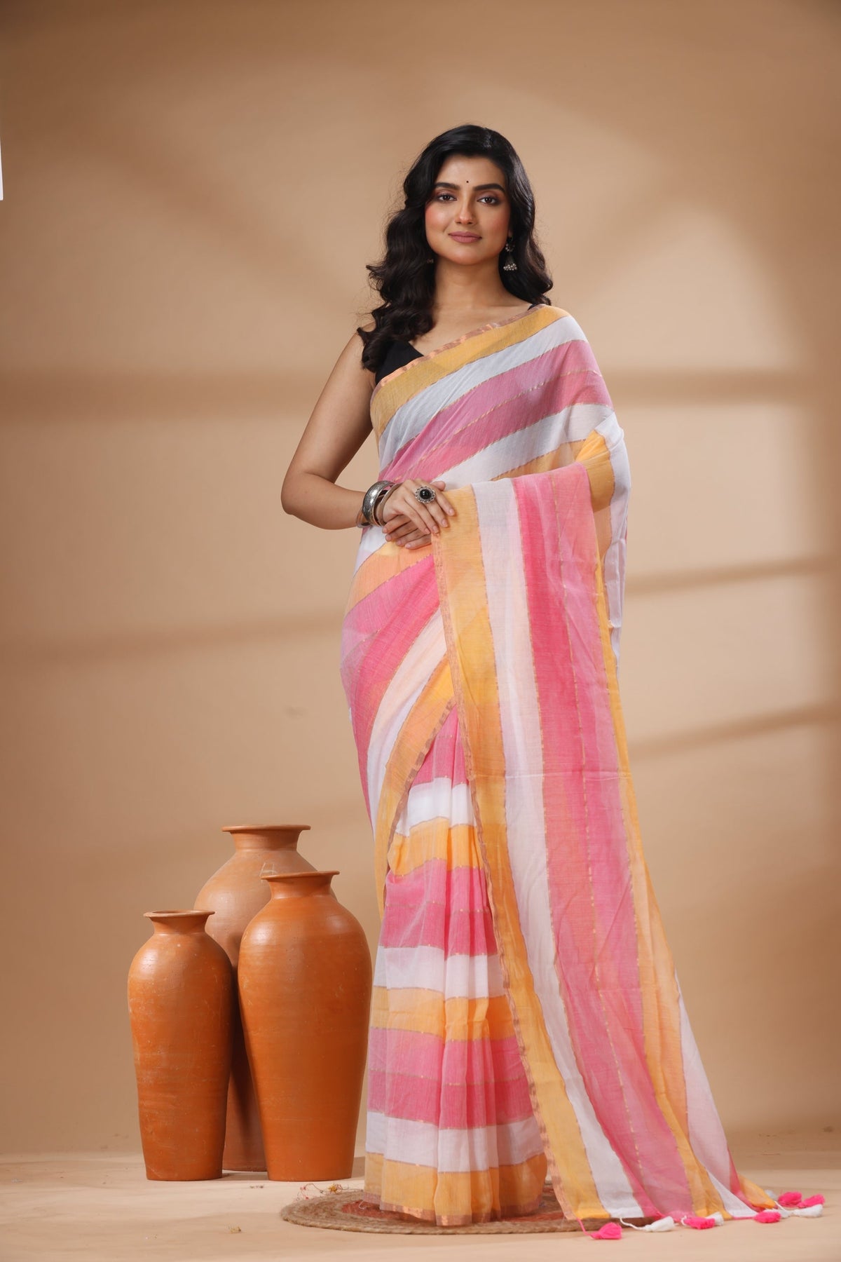 Pure Cotton Mulmul Saree Striped Sequin Design Woven Handloom Saree