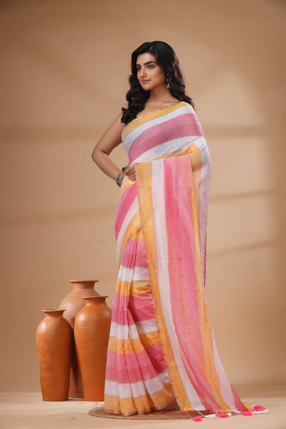 Pure Cotton Mulmul Saree Striped Sequin Design Woven Handloom Saree