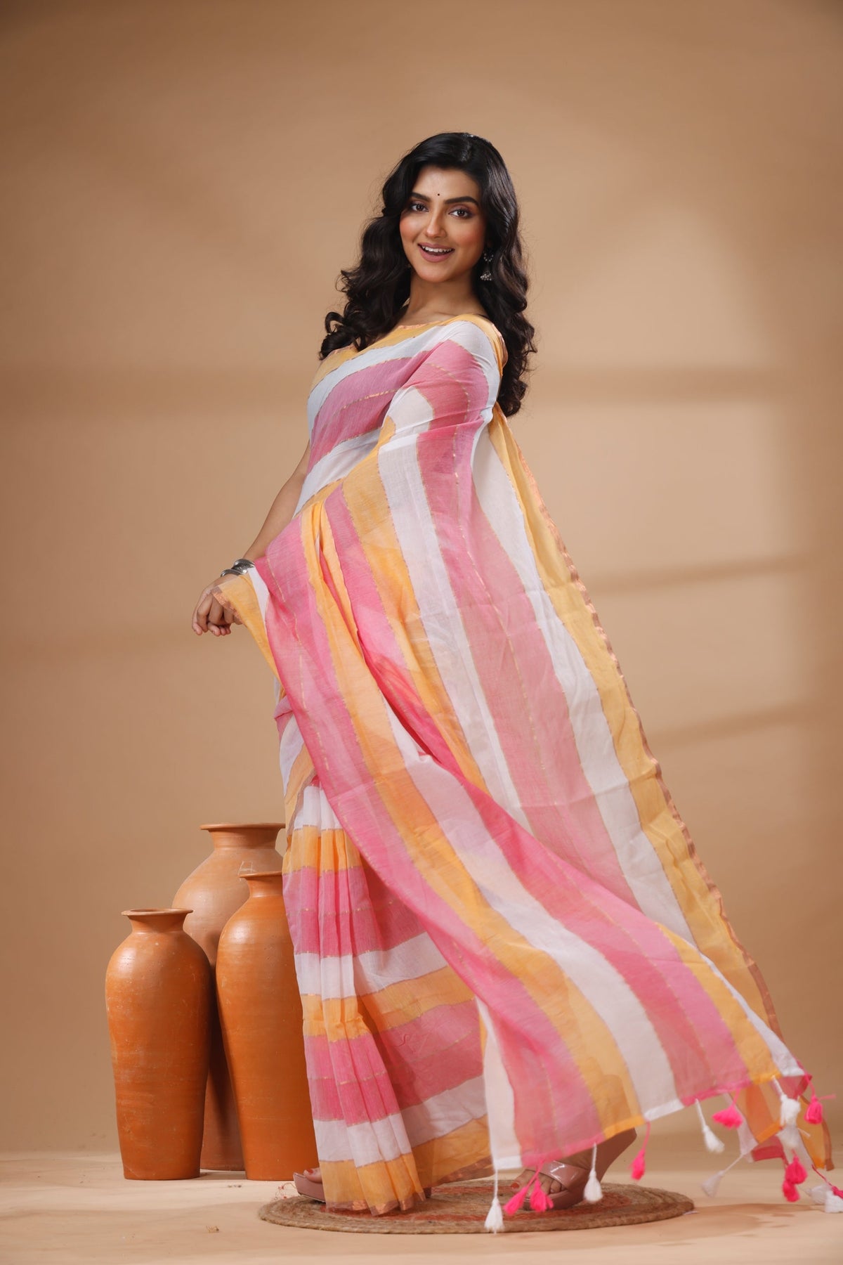 Pure Cotton Mulmul Saree Striped Sequin Design Woven Handloom Saree