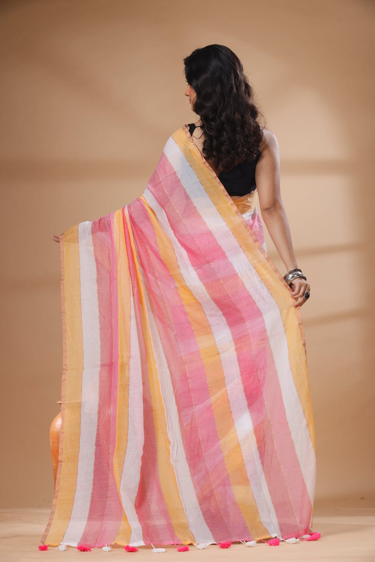 Pure Cotton Mulmul Saree Striped Sequin Design Woven Handloom Saree