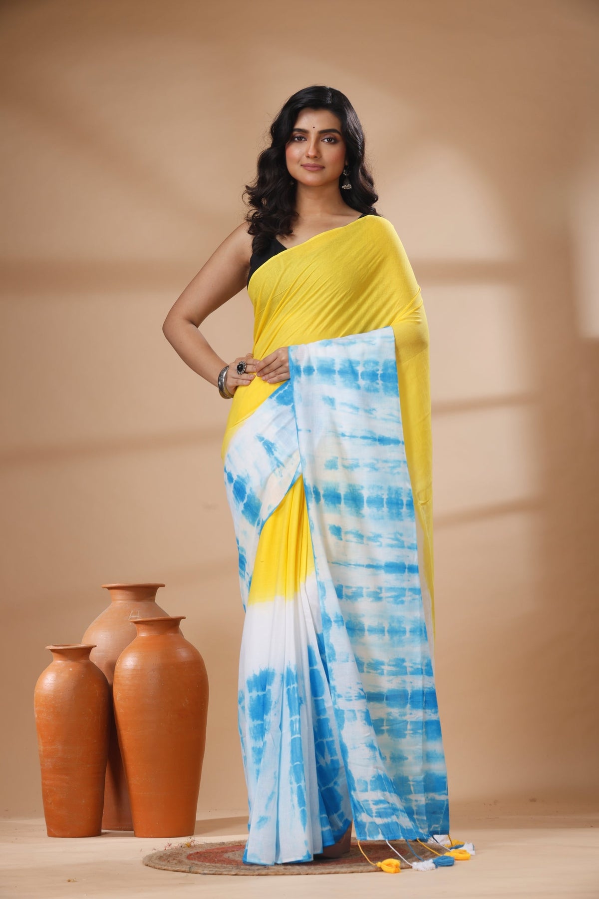 Pure Cotton Mulmul Saree Shibori Tie and Dye Design Woven Handloom Saree
