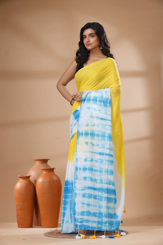 Pure Cotton Mulmul Saree Shibori Tie and Dye Design Woven Handloom Saree