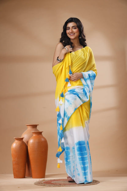 Pure Cotton Mulmul Saree Shibori Tie and Dye Design Woven Handloom Saree