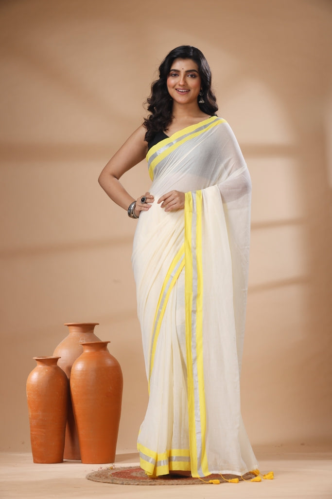 Pure Cotton Mulmul Saree Kasavu Zari Design Woven Handloom Saree