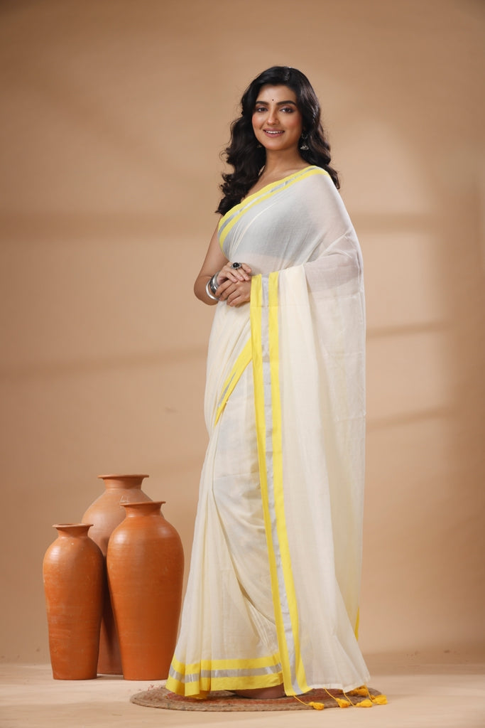 Pure Cotton Mulmul Saree Kasavu Zari Design Woven Handloom Saree