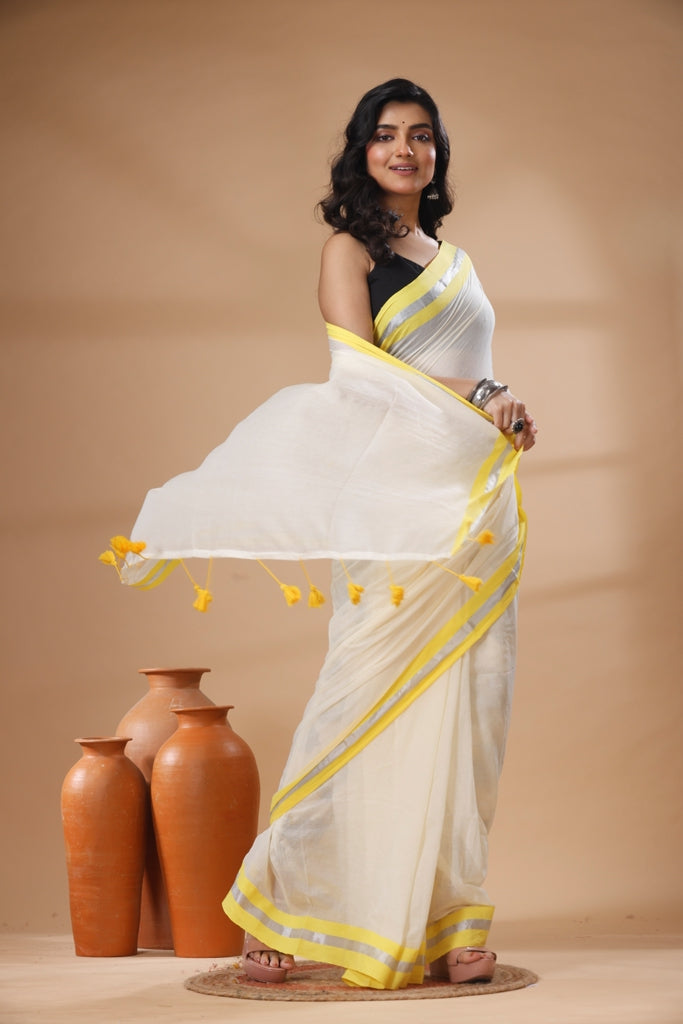 Pure Cotton Mulmul Saree Kasavu Zari Design Woven Handloom Saree