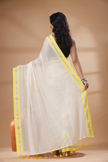 Pure Cotton Mulmul Saree Kasavu Zari Design Woven Handloom Saree