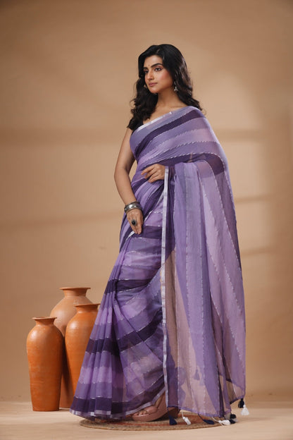 Pure Cotton Mulmul Saree Striped Sequin Design Woven Handloom Saree