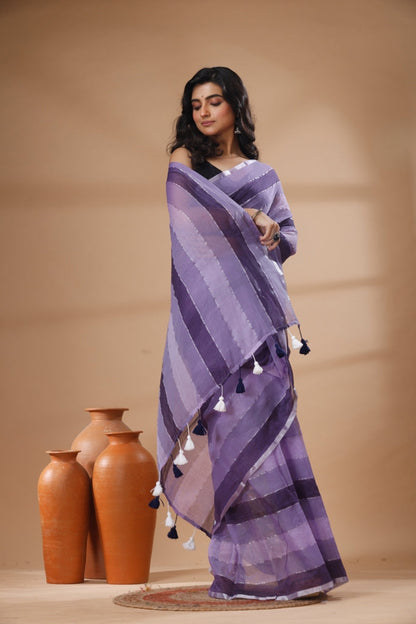 Pure Cotton Mulmul Saree Striped Sequin Design Woven Handloom Saree