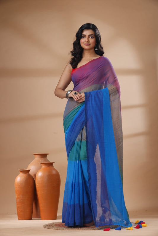 Pure Cotton Mulmul Saree Rainbow Colour Block Woven Handloom Saree