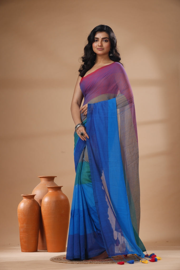 Pure Cotton Mulmul Saree Rainbow Colour Block Woven Handloom Saree