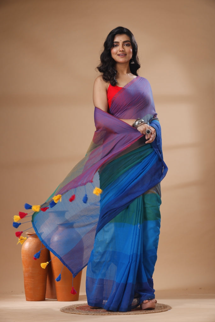 Pure Cotton Mulmul Saree Rainbow Colour Block Woven Handloom Saree