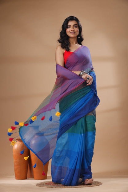 Pure Cotton Mulmul Saree Rainbow Colour Block Woven Handloom Saree