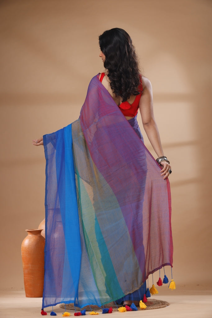 Pure Cotton Mulmul Saree Rainbow Colour Block Woven Handloom Saree