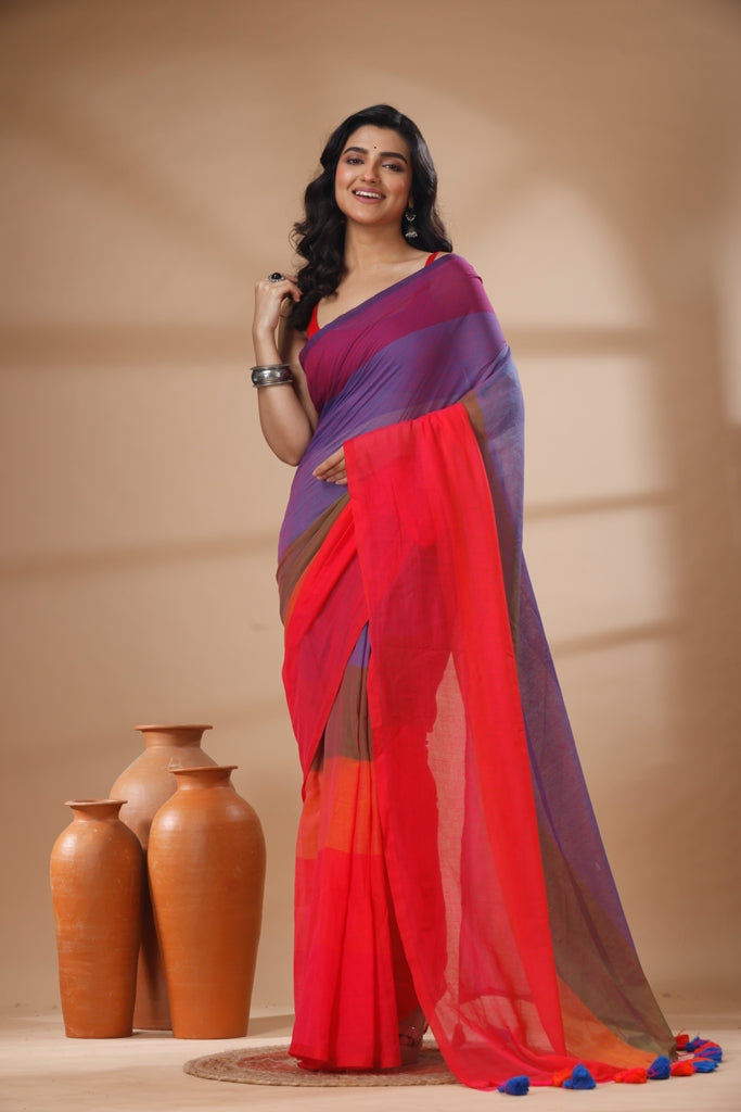 Pure Cotton Mulmul Saree Rainbow Colour Block Woven Handloom Saree