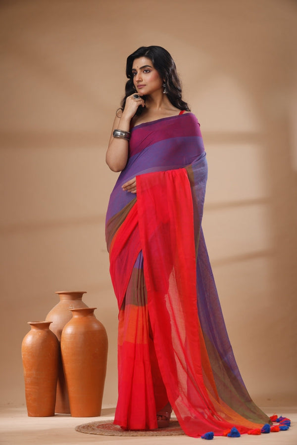 Pure Cotton Mulmul Saree Rainbow Colour Block Woven Handloom Saree