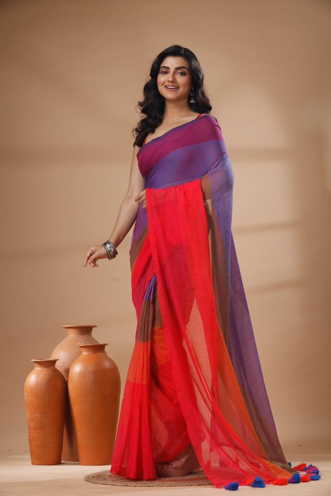 Pure Cotton Mulmul Saree Rainbow Colour Block Woven Handloom Saree