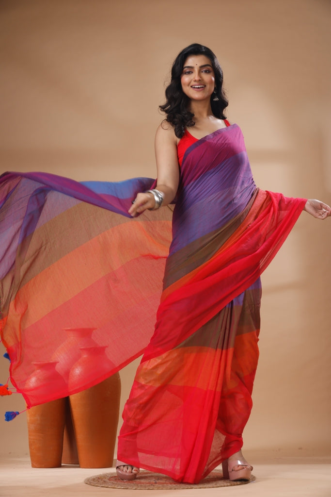 Pure Cotton Mulmul Saree Rainbow Colour Block Woven Handloom Saree