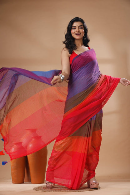 Pure Cotton Mulmul Saree Rainbow Colour Block Woven Handloom Saree