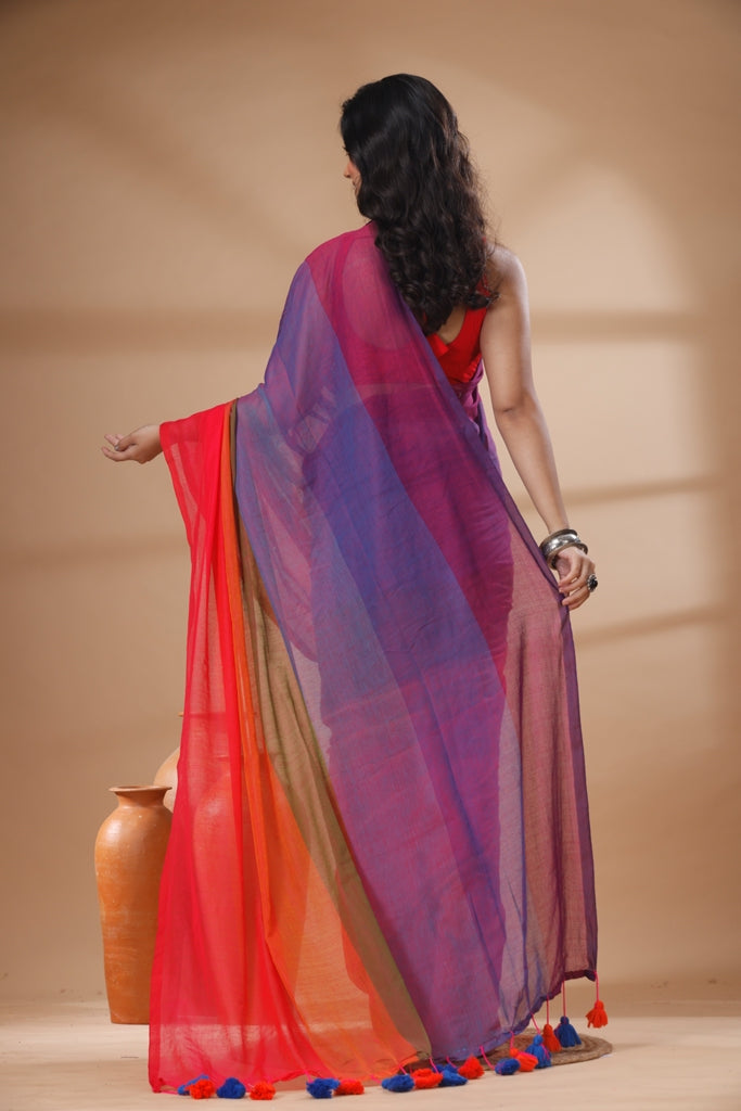 Pure Cotton Mulmul Saree Rainbow Colour Block Woven Handloom Saree