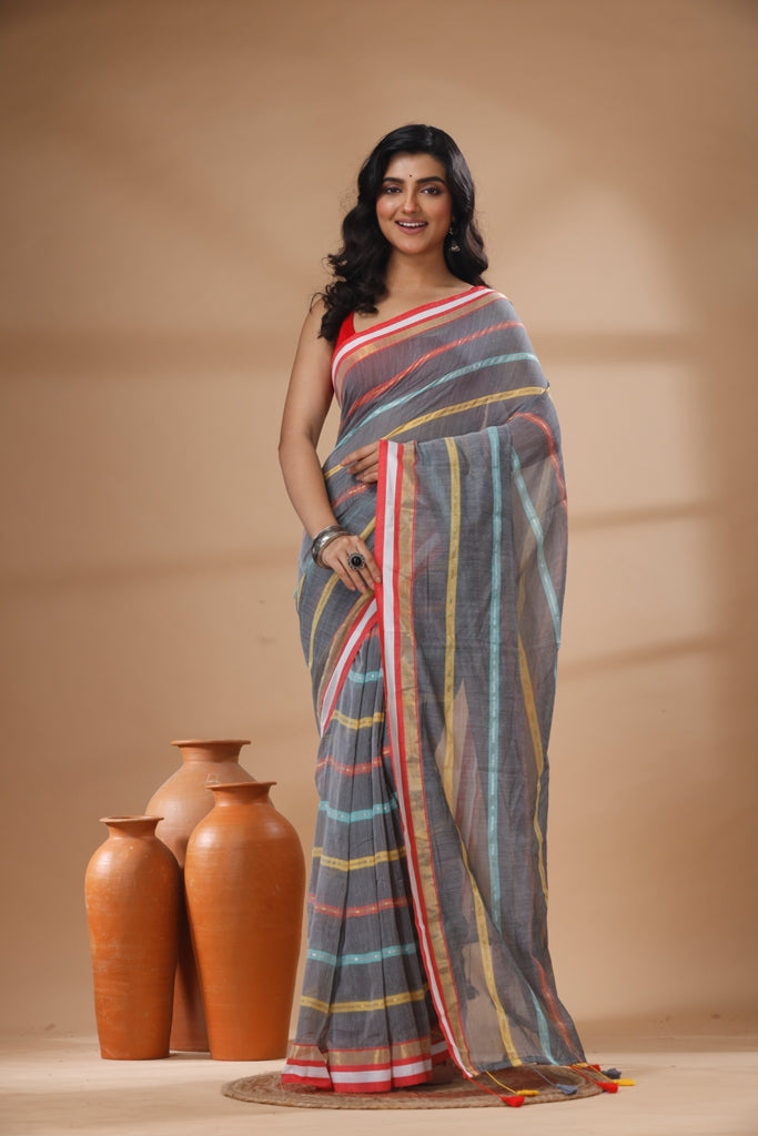 Pure Cotton Mulmul Saree Striped Sequin Design Woven Handloom Saree