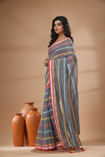 Pure Cotton Mulmul Saree Striped Sequin Design Woven Handloom Saree