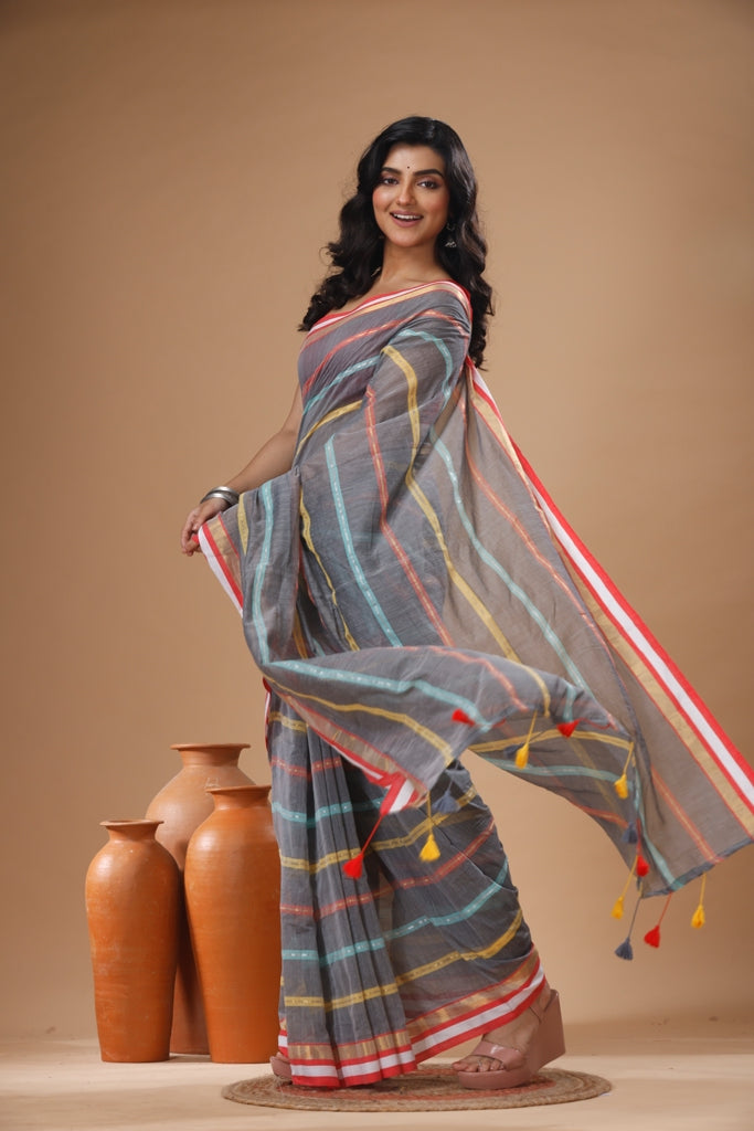Pure Cotton Mulmul Saree Striped Sequin Design Woven Handloom Saree