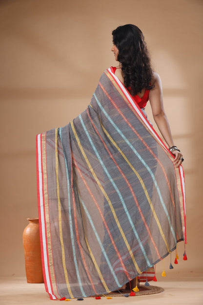 Pure Cotton Mulmul Saree Striped Sequin Design Woven Handloom Saree