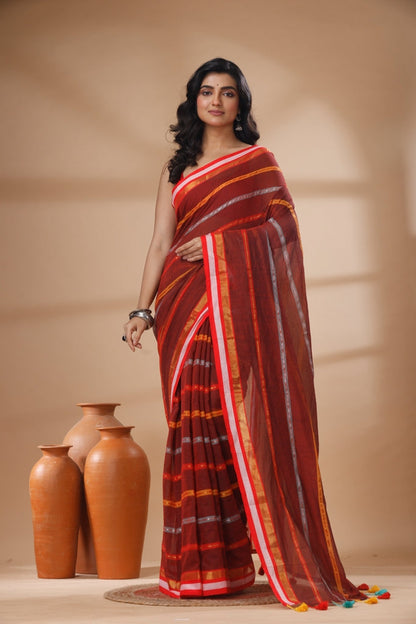 Pure Cotton Mulmul Saree Striped Sequin Design Woven Handloom Saree